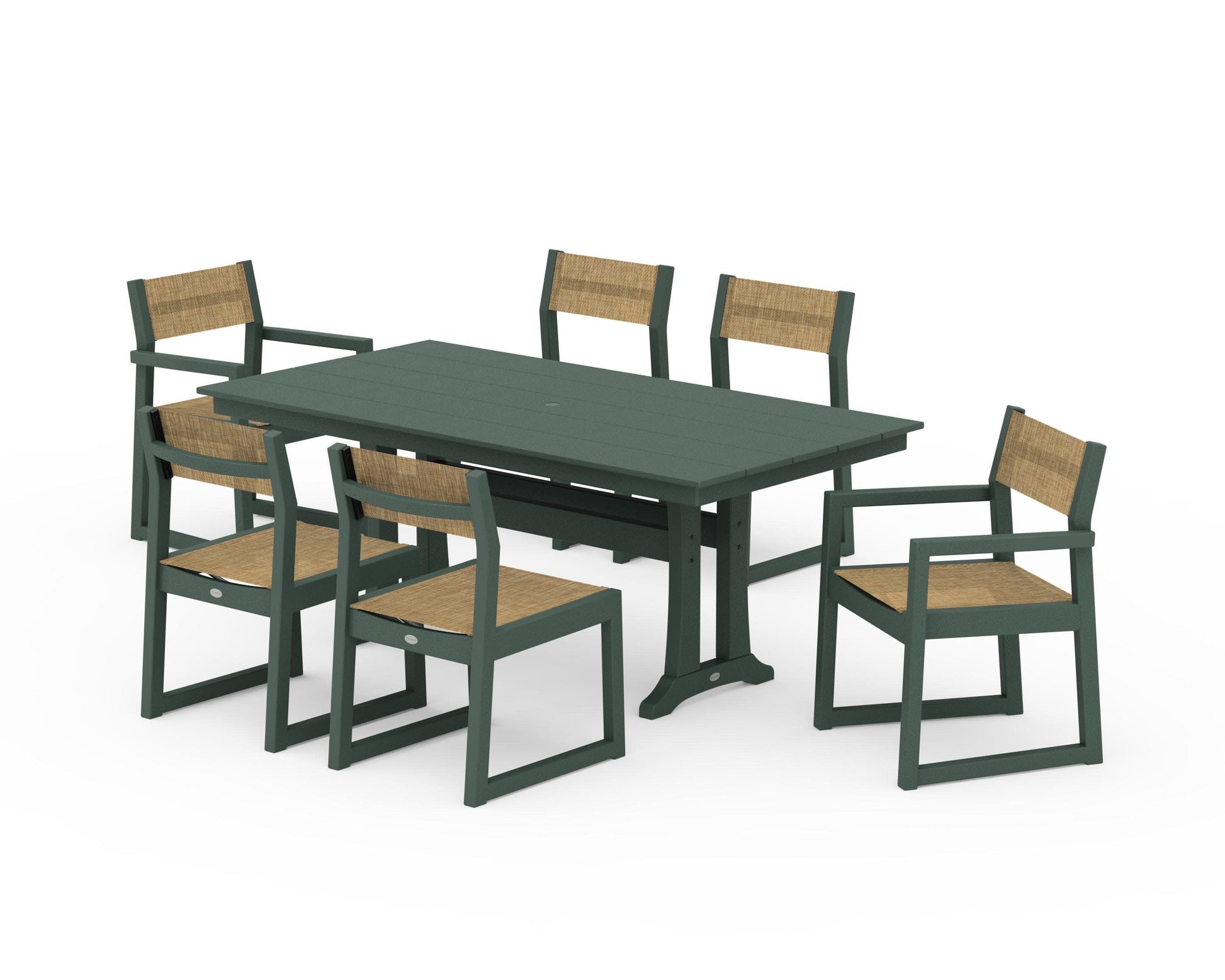 POLYWOOD EDGE Sling 7-Piece Farmhouse Trestle Dining Set — Green / Burlap Sling