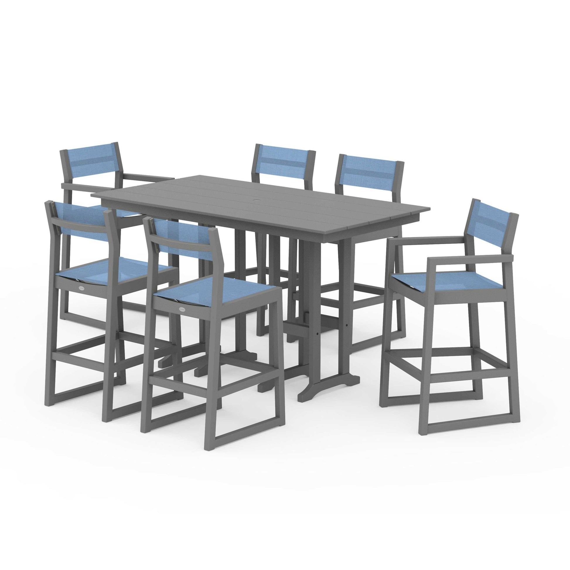 POLYWOOD EDGE Sling 7-Piece Farmhouse Bar Set — Slate Grey / Poolside Sling