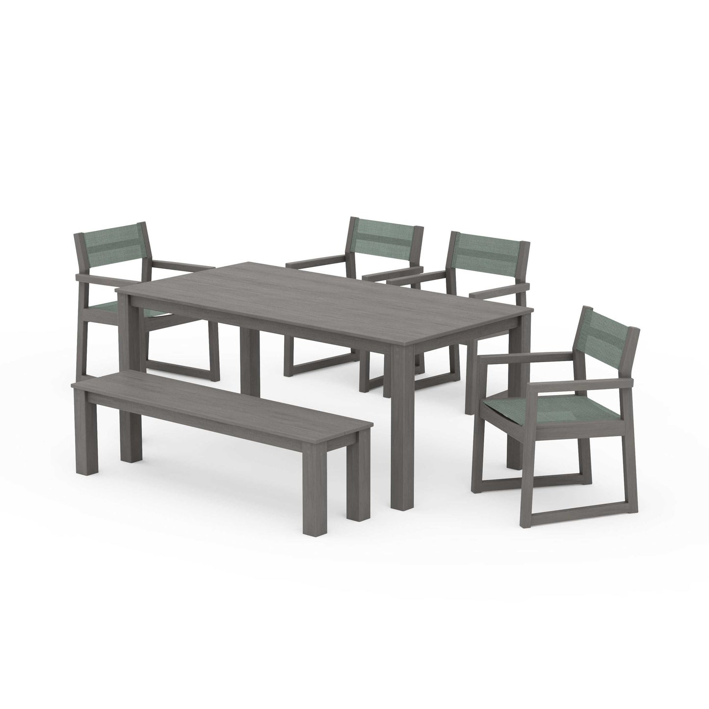 POLYWOOD EDGE Sling Arm Chair 6-Piece Parsons Dining Set with Bench — Driftwood / Dupioni Sea Mist Sling