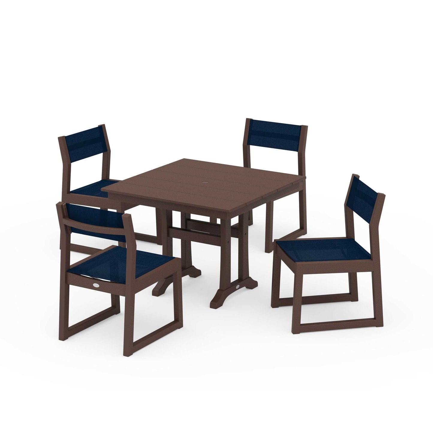 POLYWOOD EDGE Sling 5-Piece Farmhouse Trestle Side Chair Dining Set — Mahogany / Navy Blue Sling
