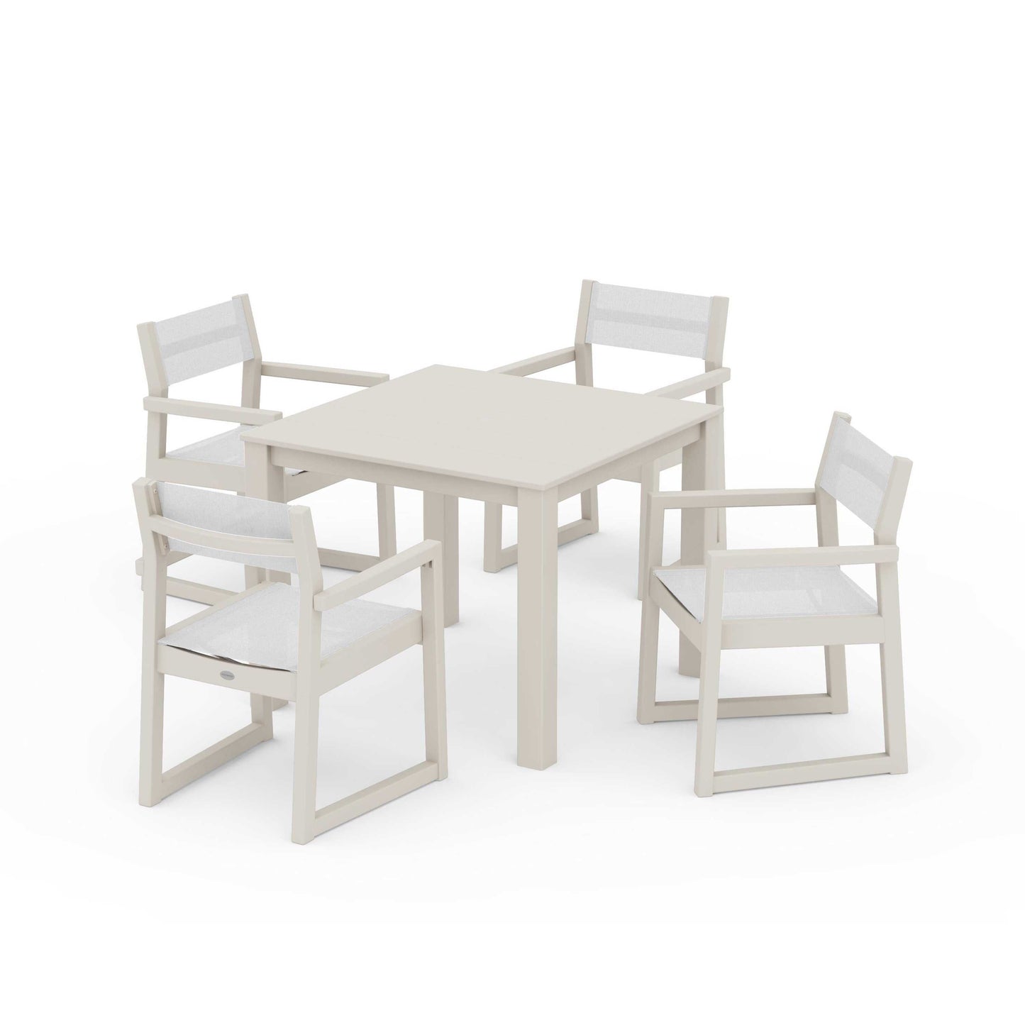 POLYWOOD EDGE Sling Arm Chair 5-Piece Parsons Dining Set — Sand / White Sling