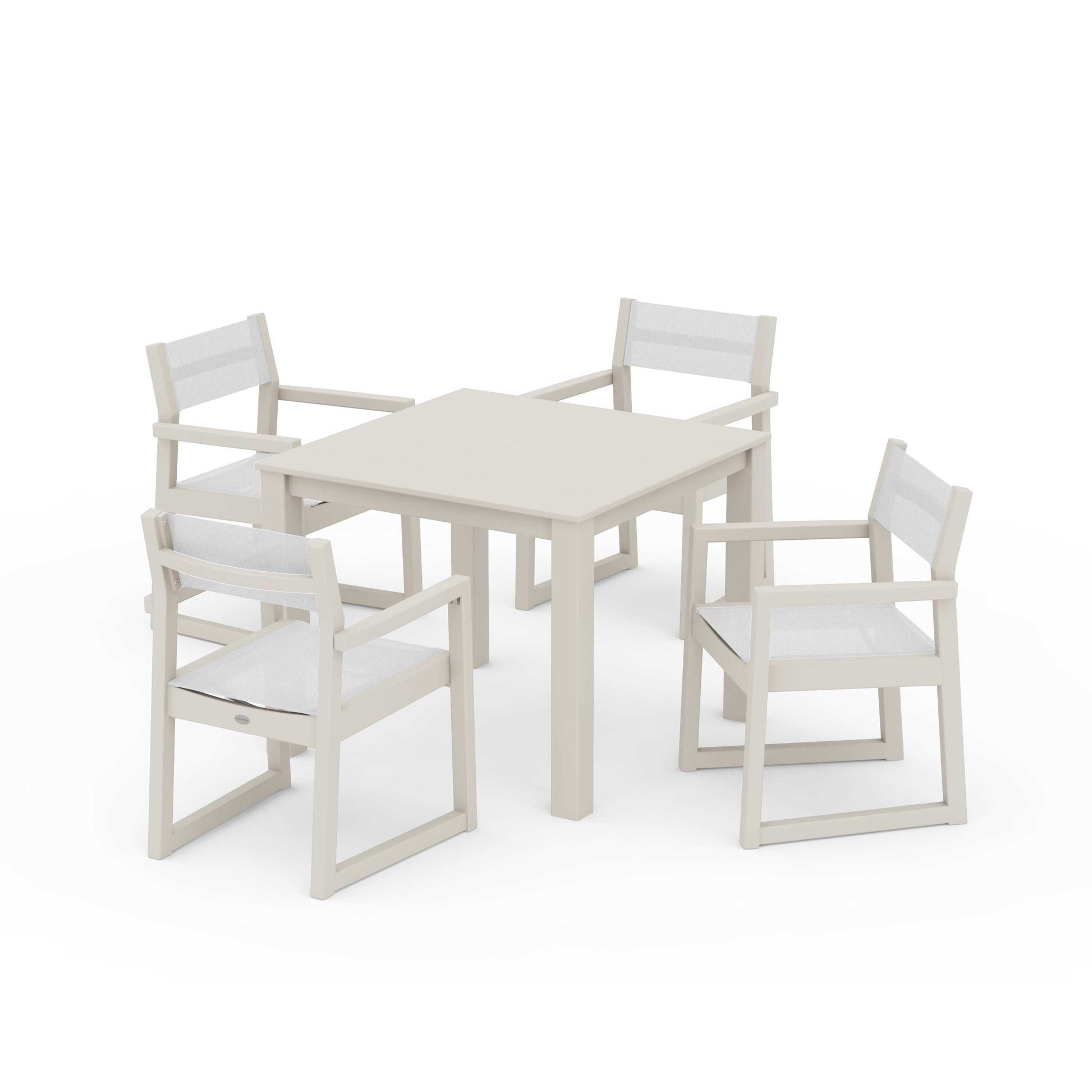 POLYWOOD EDGE Sling Arm Chair 5-Piece Parsons Dining Set — Sand / White Sling
