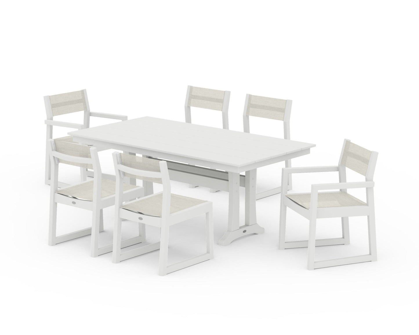POLYWOOD EDGE Sling 7-Piece Farmhouse Trestle Dining Set — Vintage White / Parchment Sling