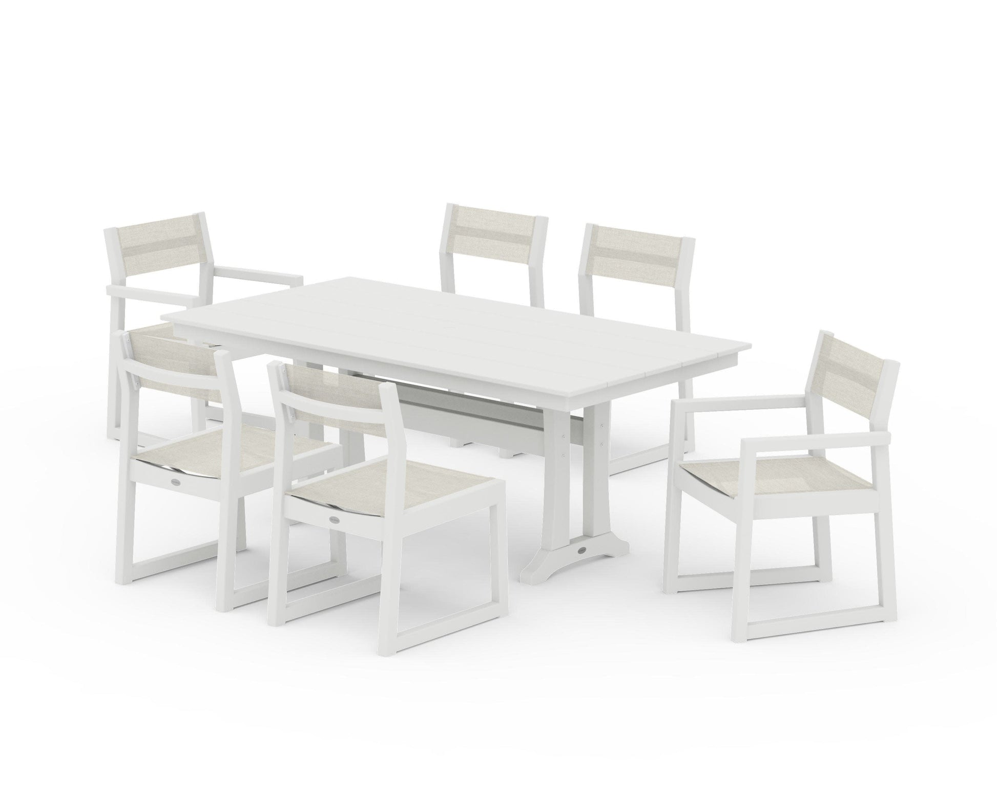 POLYWOOD EDGE Sling 7-Piece Farmhouse Trestle Dining Set — Vintage White / Parchment Sling