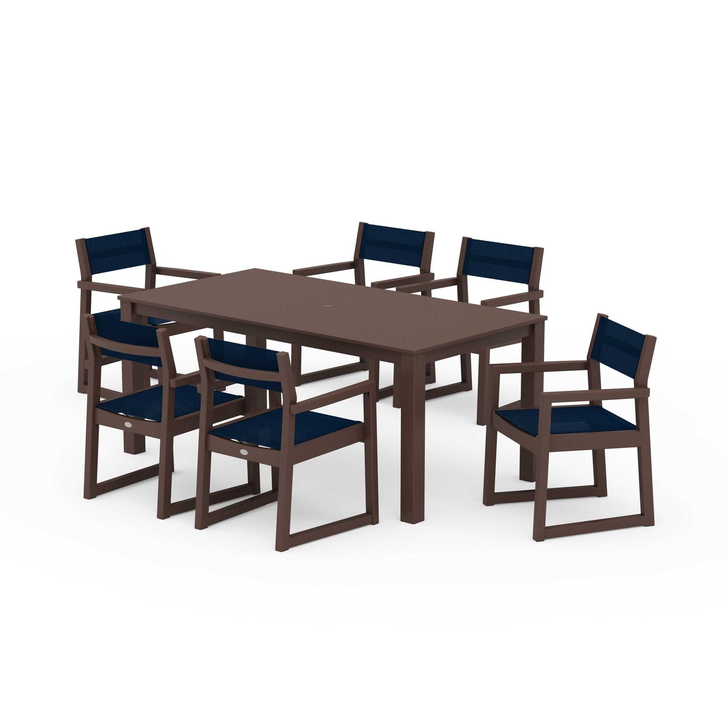 POLYWOOD EDGE Sling Arm Chair 7-Piece Parsons Dining Set — Mahogany / Navy Blue Sling
