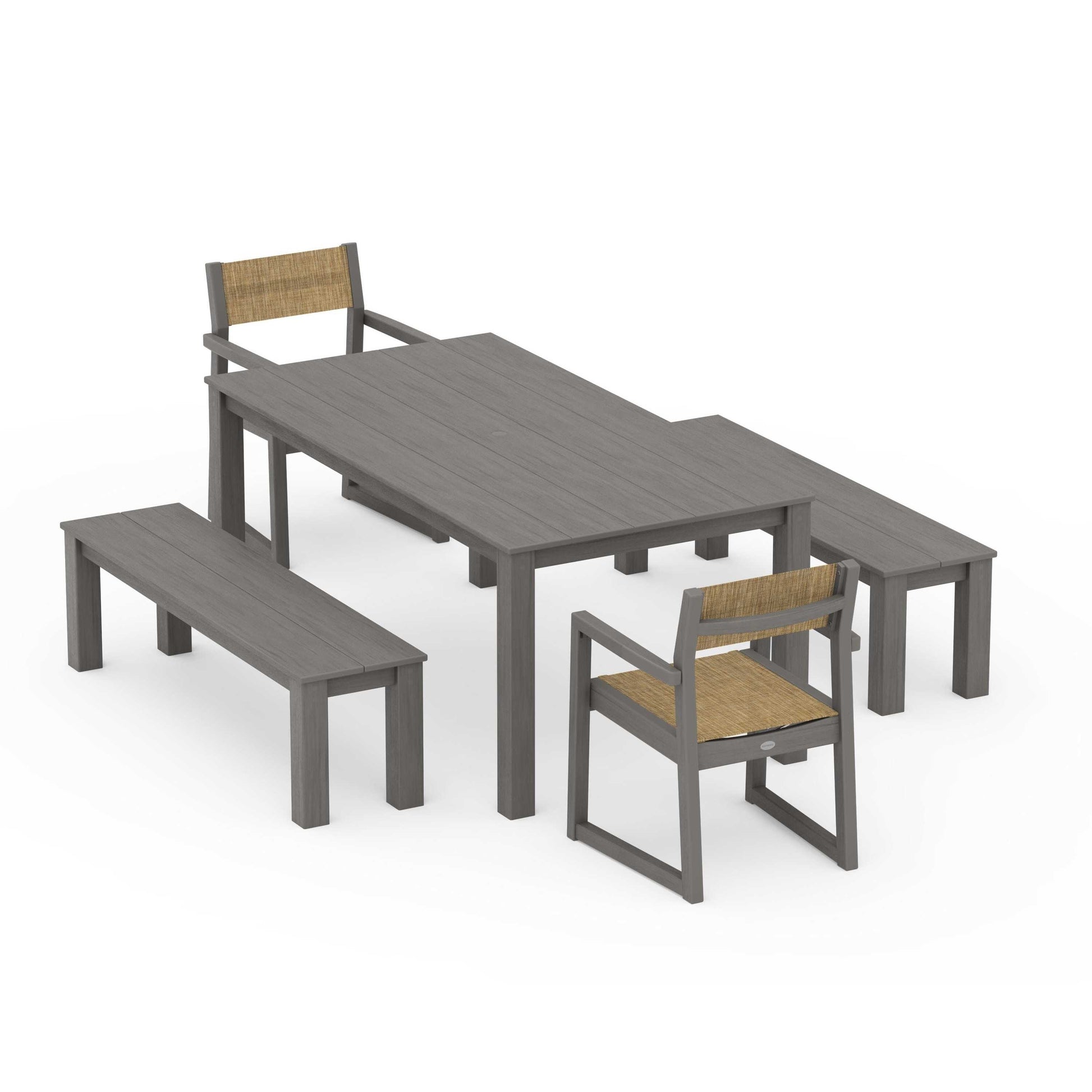 POLYWOOD EDGE Sling Arm Chair 5-Piece Parsons Dining Set with Benches — Driftwood / Burlap Sling
