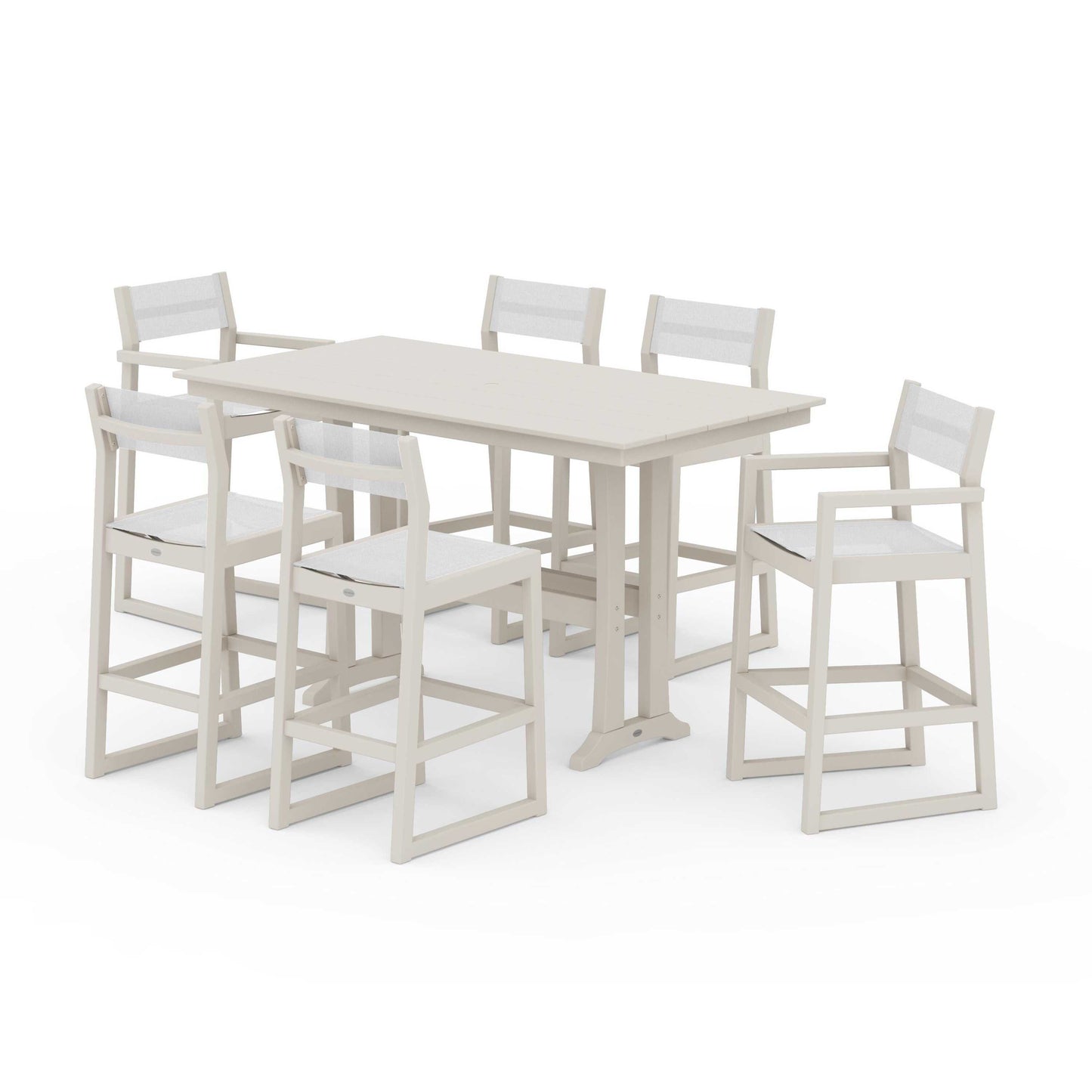 POLYWOOD EDGE Sling 7-Piece Farmhouse Bar Set with Trestle Legs — Sand / White Sling
