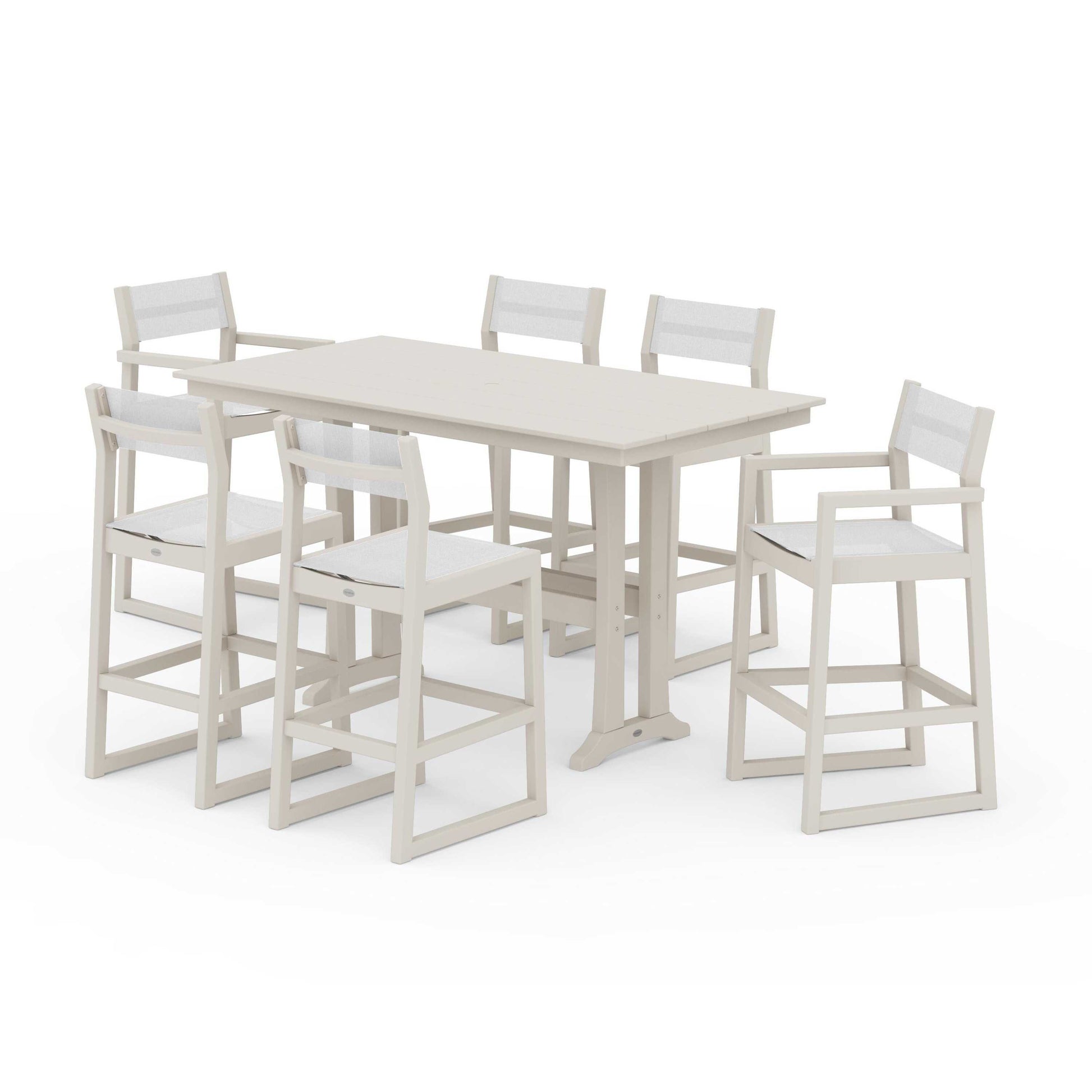 POLYWOOD EDGE Sling 7-Piece Farmhouse Bar Set with Trestle Legs — Sand / White Sling
