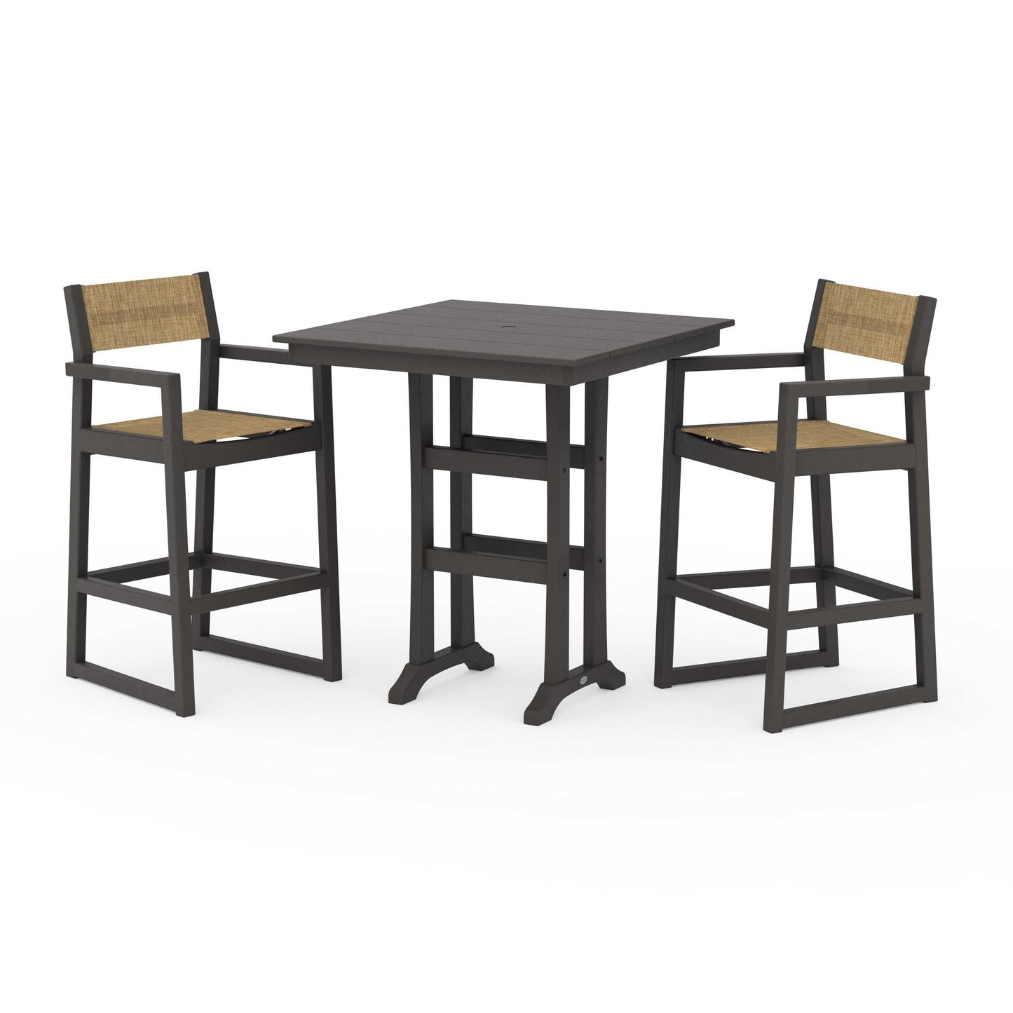 POLYWOOD EDGE Sling Arm Chair 3-Piece Farmhouse Bar Set with Trestle Legs — Vintage Coffee / Burlap Sling