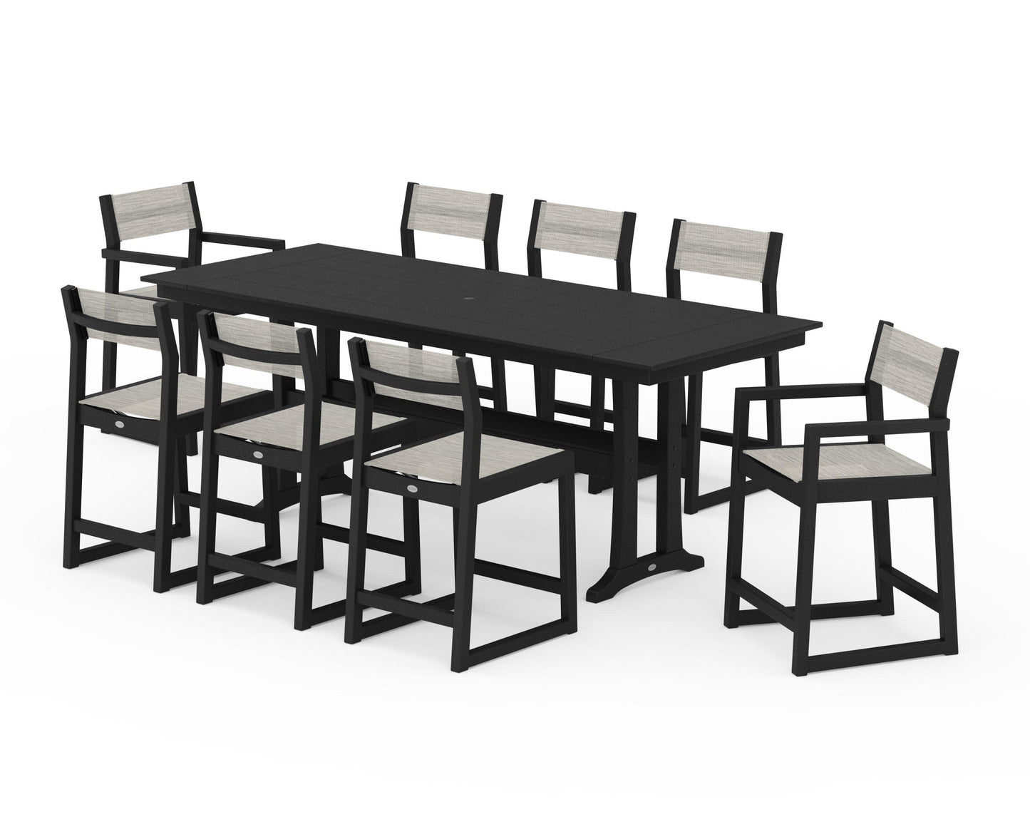 POLYWOOD EDGE Sling 9-Piece Farmhouse Counter Set with Trestle Legs — Black / Birch Sling