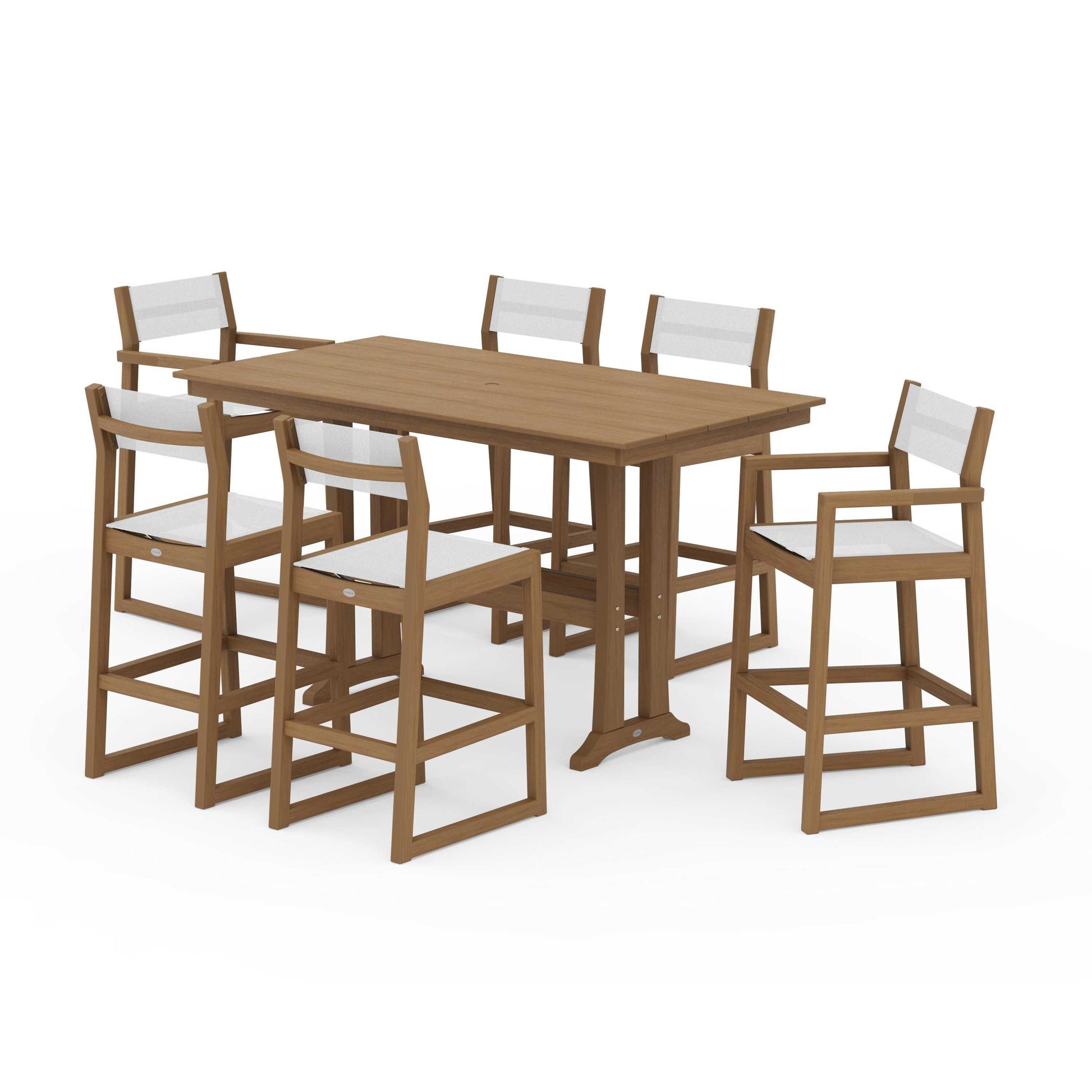 POLYWOOD EDGE Sling 7-Piece Farmhouse Bar Set with Trestle Legs — Natural / White Sling
