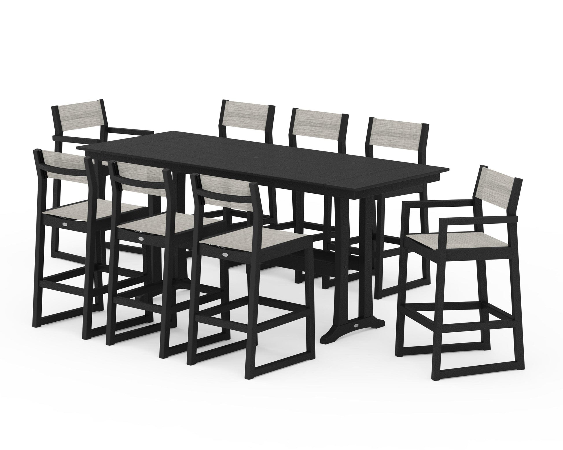 POLYWOOD EDGE Sling 9-Piece Farmhouse Bar Set with Trestle Legs — Black / Birch Sling