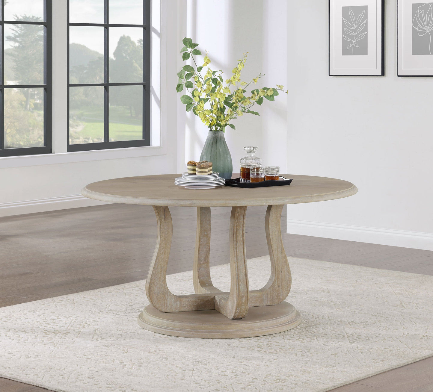 Trofello Round Dining Table with Curved Pedestal Base White Washed