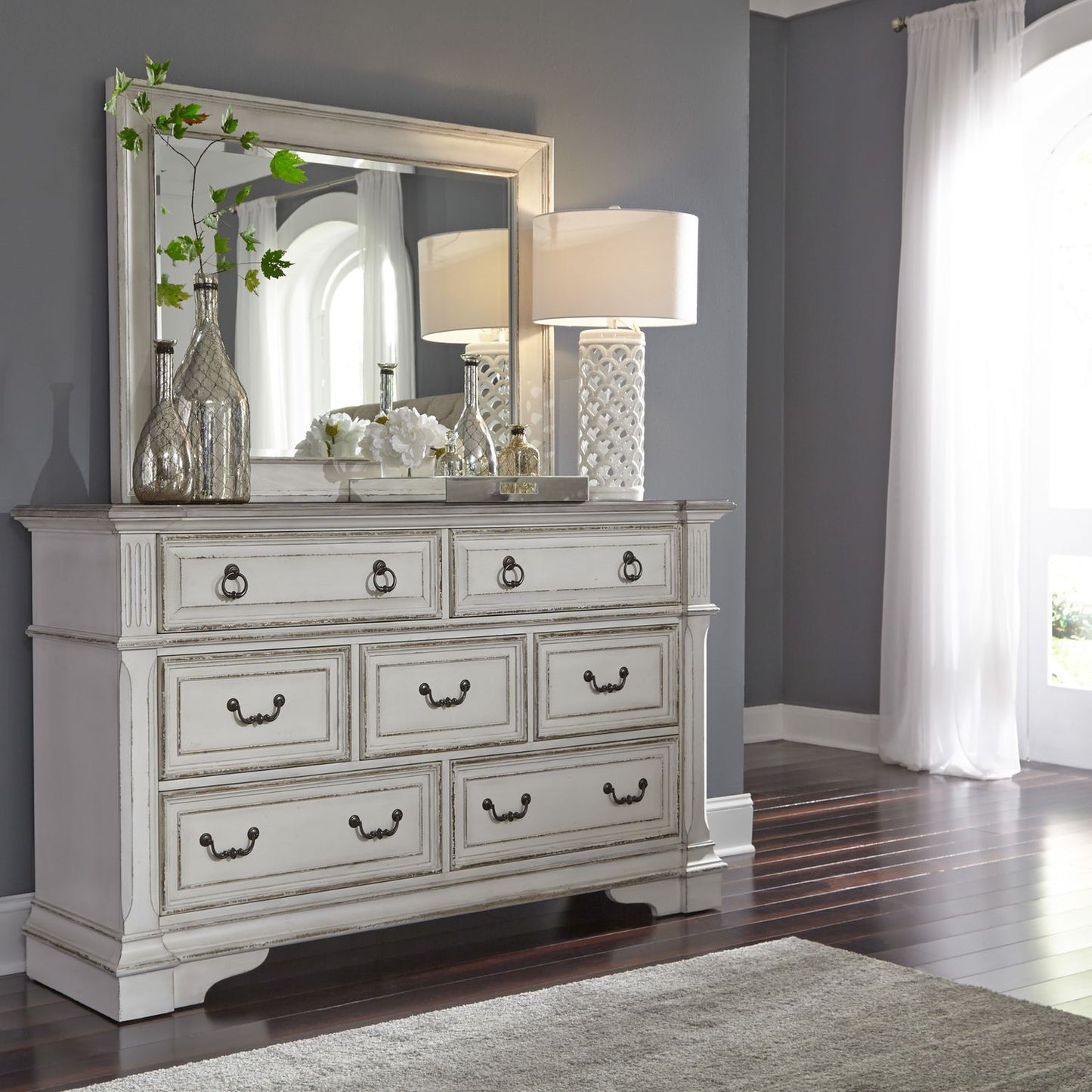 Abbey Park - King California Panel Bed, Dresser & Mirror, Chest