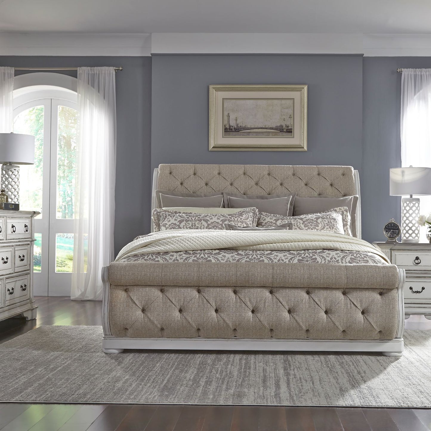 Abbey Park - King Uph Sleigh Bed, Dresser & Mirror, Night Stand