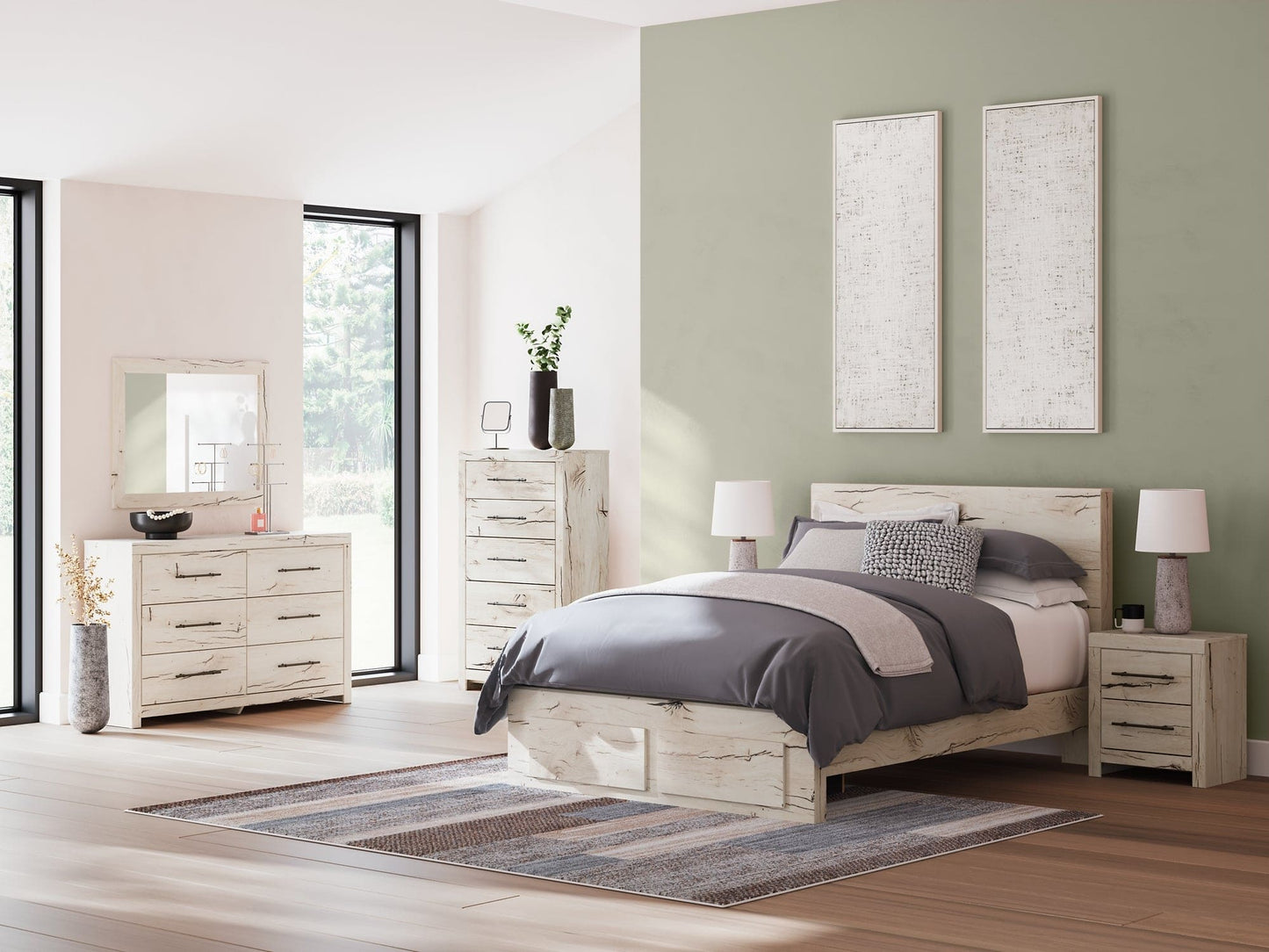 Queen Panel Storage Bed with Mirrored Dresser