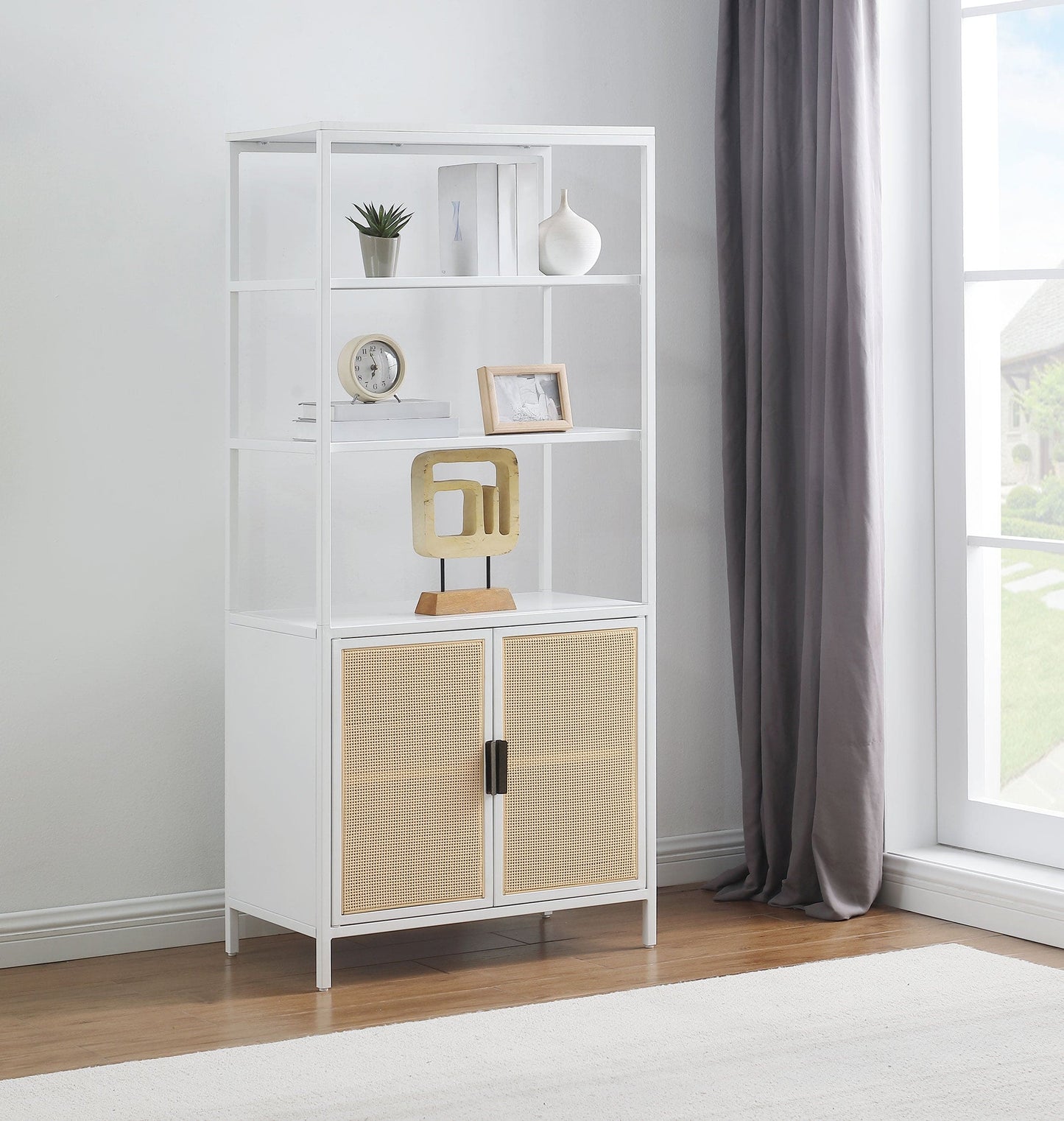 Amherst 3-shelf Radio Weave Cane Metal Accent Cabinet White