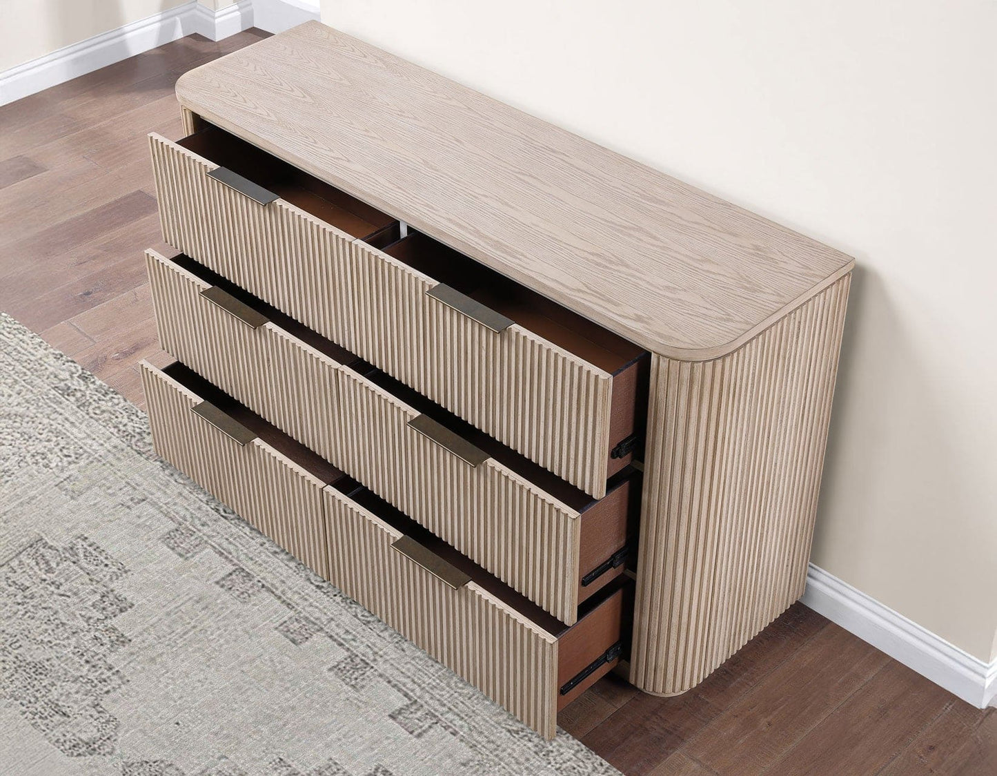 Henry 65″ 6-Drawer Reeded Dresser, Tan Finish