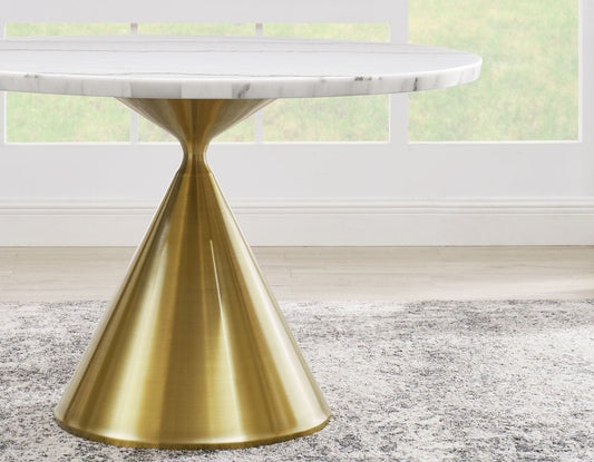 Conrad 48″White Marble Top Table with Gold Conical Base