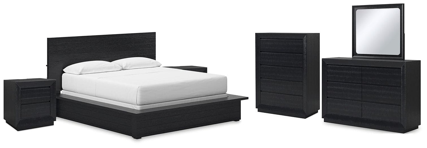 Londer California King Panel Bed with Mirrored Dresser, Chest and 2 Nightstands