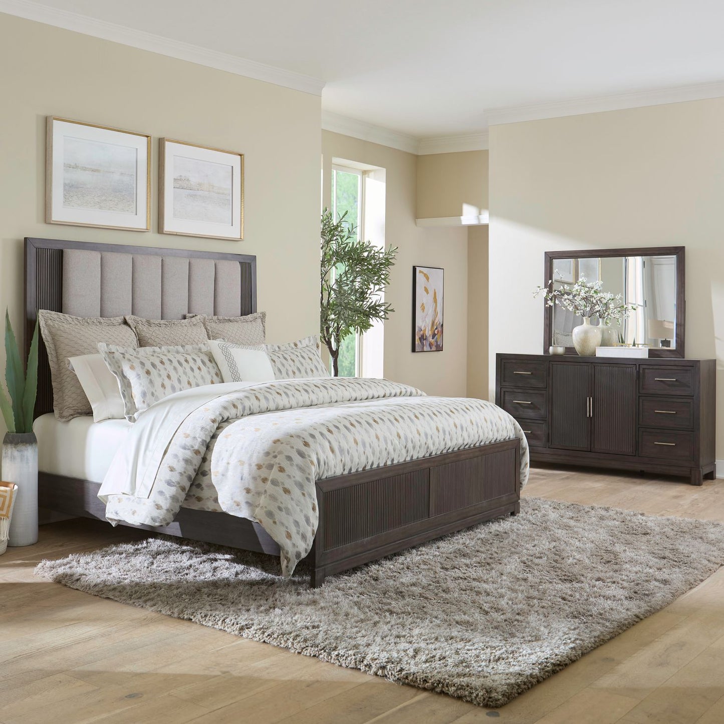 Modern Edge - King California Uph Bed, Dresser & Mirror