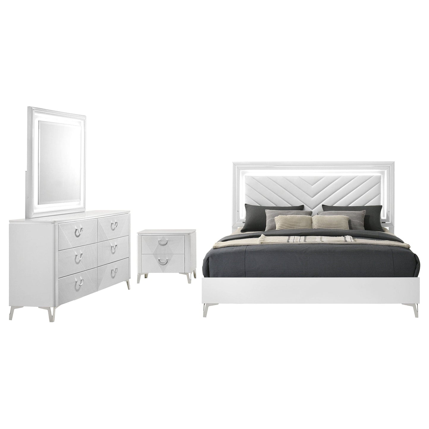 Cassia 4-piece Eastern King LED Bedroom Set White High Gloss
