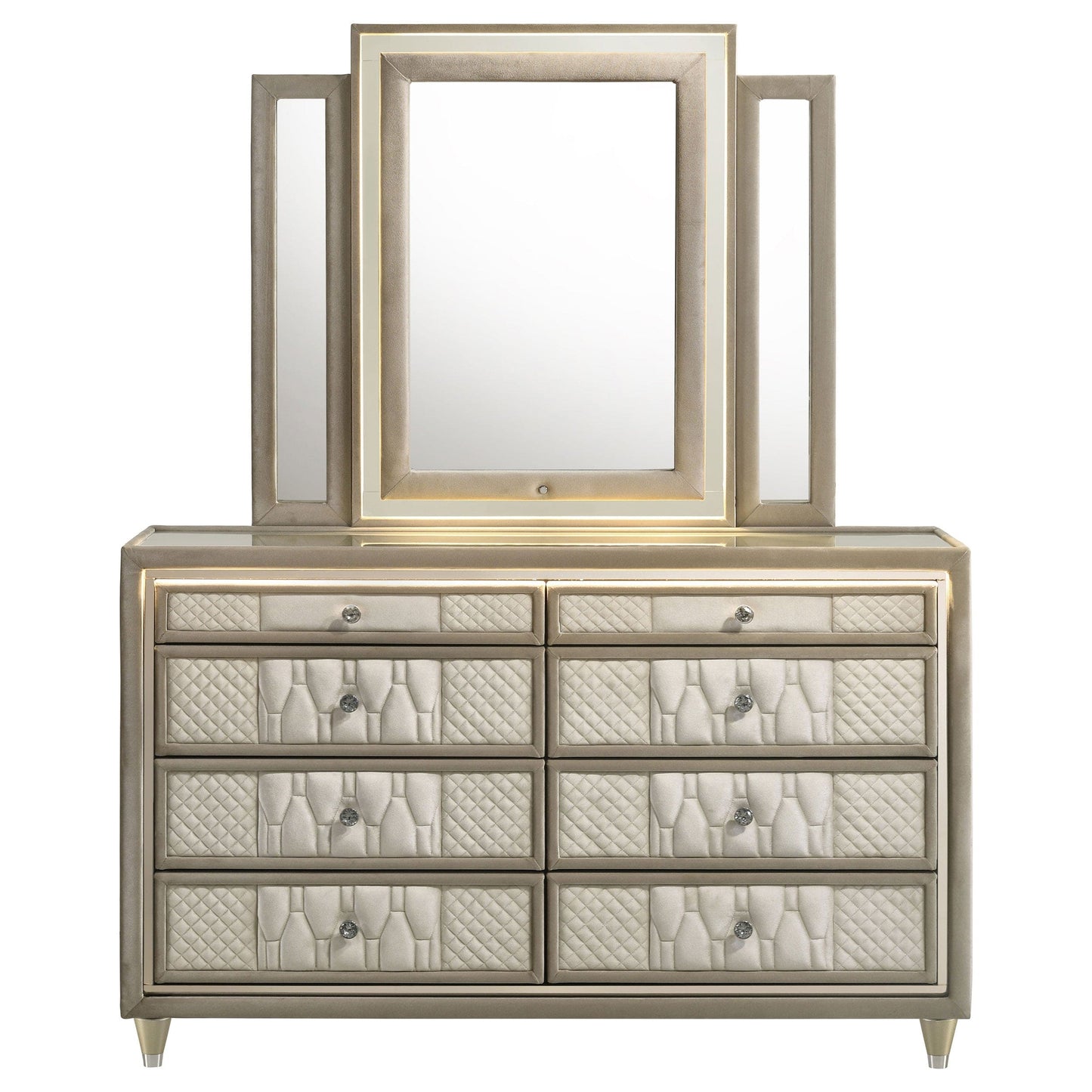 Lorient 8-drawer LED Dresser with Mirror Ivory and Camel