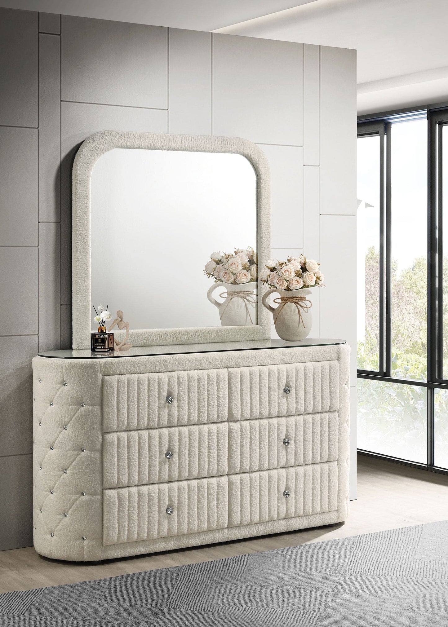 Sonya 6-drawer Upholstered Bedroom Dresser with Mirror Ivory