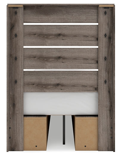 Graystorm Twin Panel Bed with Storage with Mirrored Dresser and Nightstand
