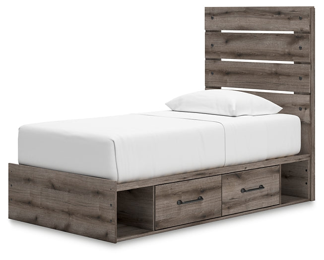 Graystorm Twin Panel Bed with Storage with Mirrored Dresser and Nightstand