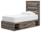 Graystorm Twin Panel Bed with Storage with Mirrored Dresser and Nightstand