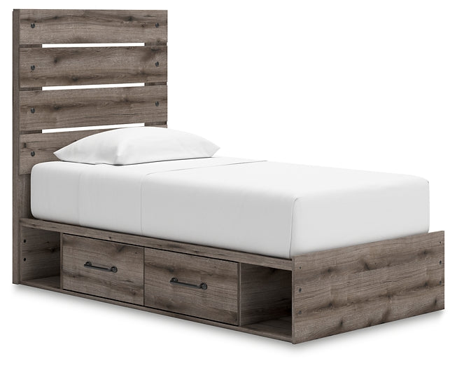 Graystorm Twin Panel Bed with Storage with Mirrored Dresser and Nightstand