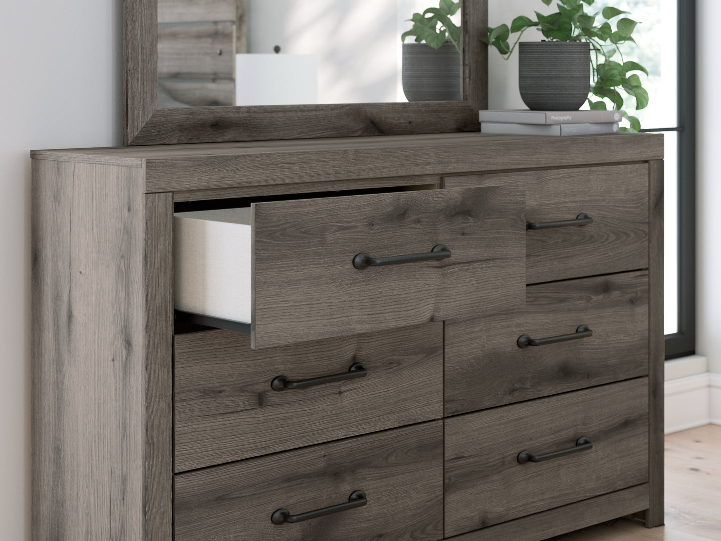Graystorm Twin Panel Bed with Storage with Mirrored Dresser and Nightstand