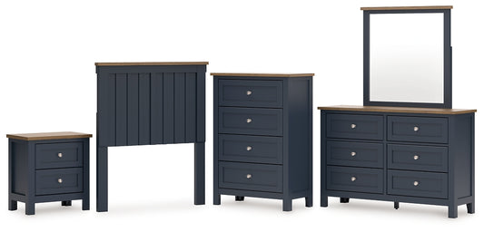 Landocken Twin Panel Headboard with Mirrored Dresser, Chest and Nightstand
