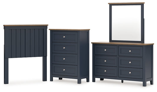 Landocken Twin Panel Headboard with Mirrored Dresser and Chest