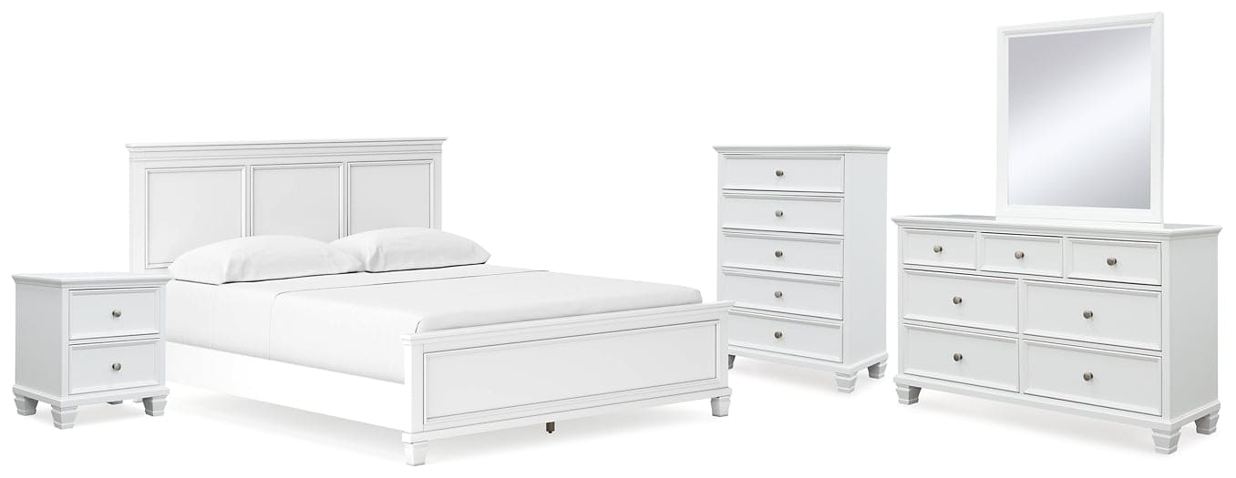 Fortman California King Panel Bed with Mirrored Dresser, Chest and Nightstand