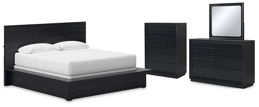 Londer King Panel Bed with Mirrored Dresser and Chest