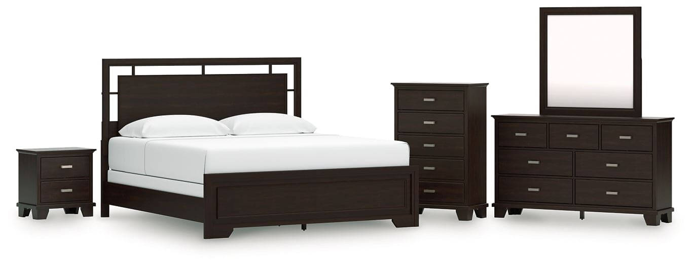 Covetown California King Panel Bed with Mirrored Dresser, Chest and Nightstand