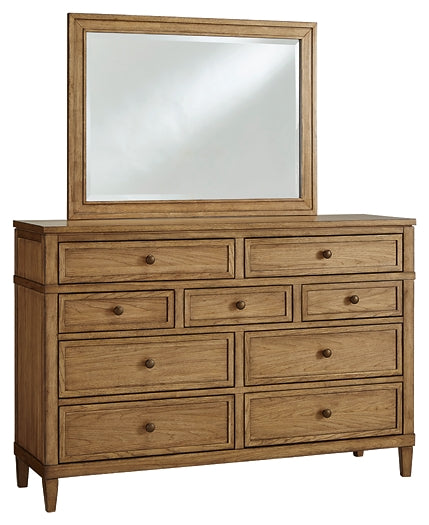 Sharlance Queen Upholstered Panel Bed with Mirrored Dresser and Chest