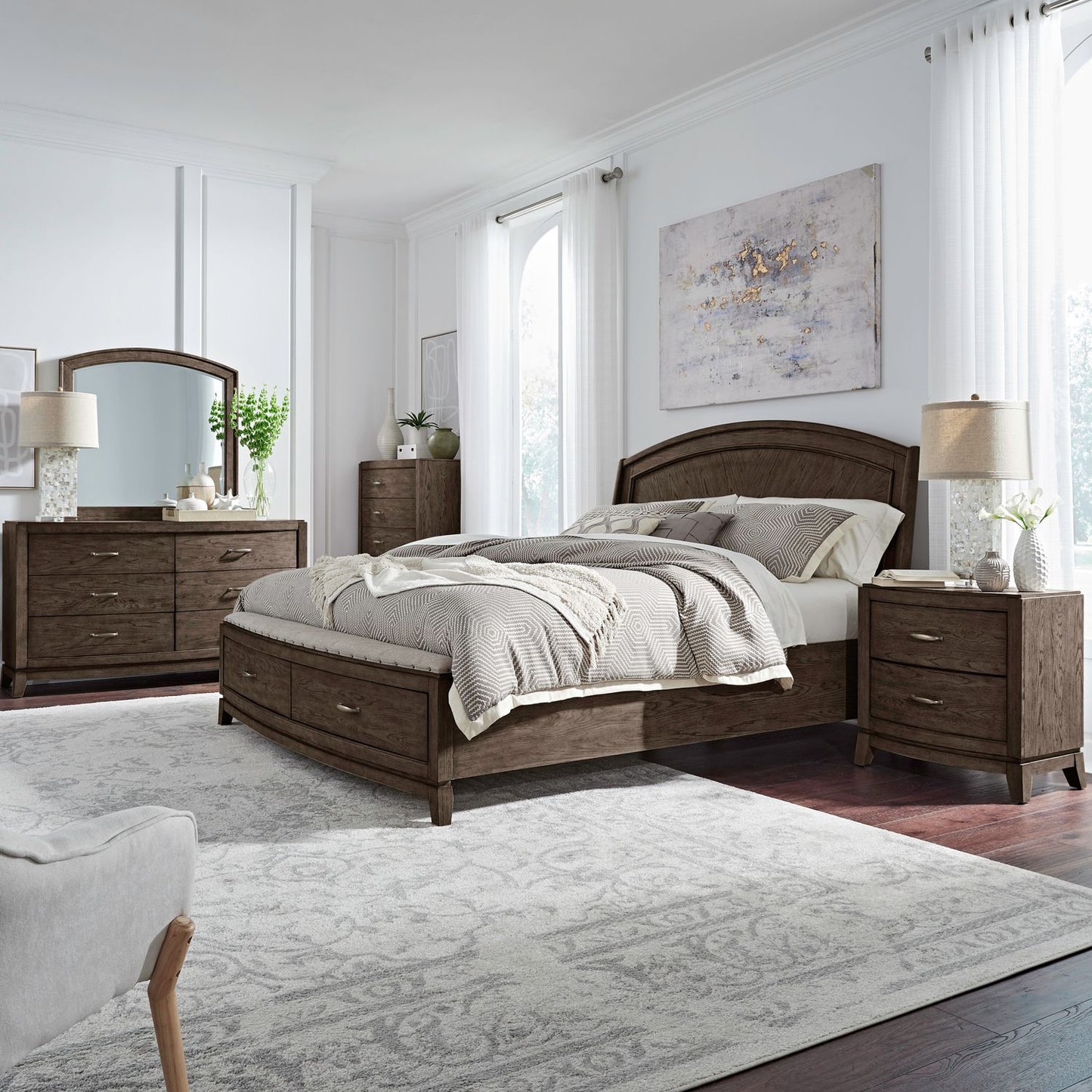King Panel Storage Bed, Dresser & Mirror, Chest, Night Stand