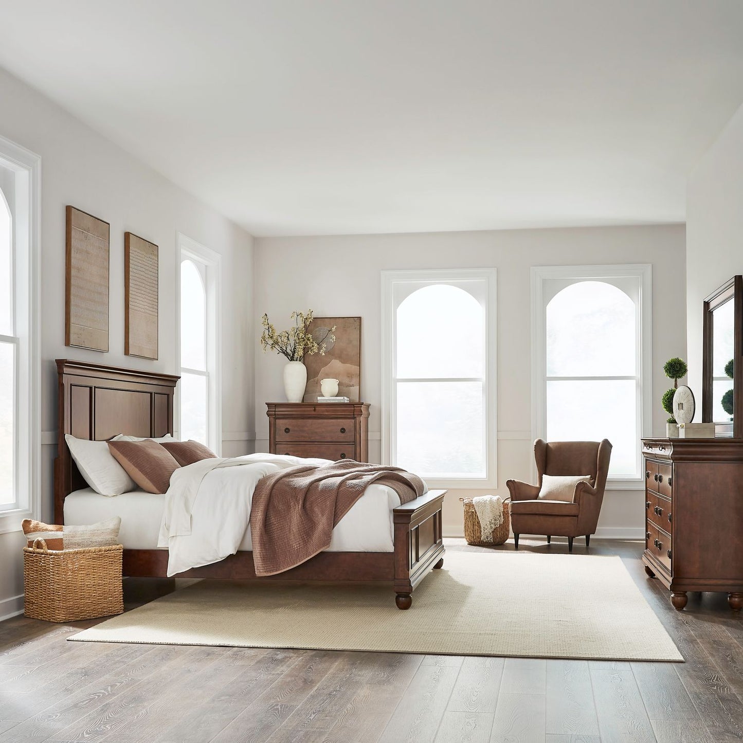 Queen Panel Bed, Dresser & Mirror, Chest