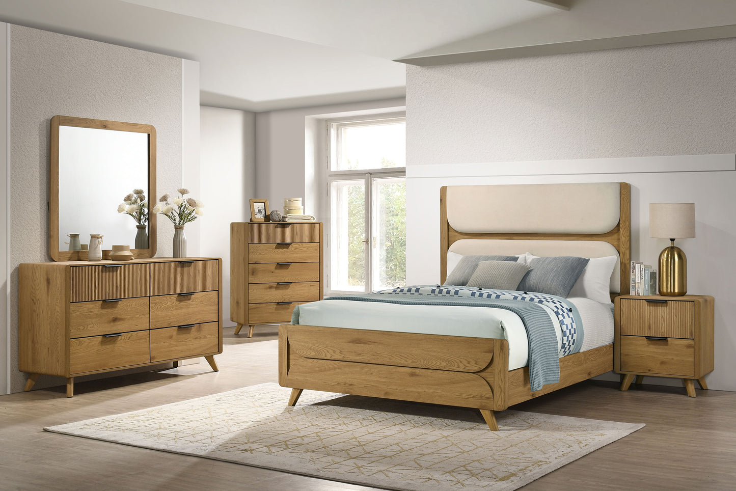 Bennett 78-inch Eastern King Upholstered Panel Bed Cream and Light Oak
