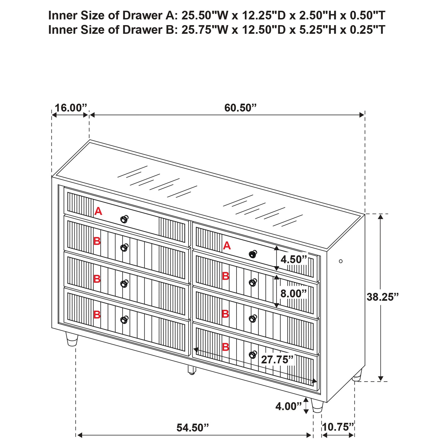 Ravenne 8-drawer Velvet Upholstered LED Dresser Cabinet Black
