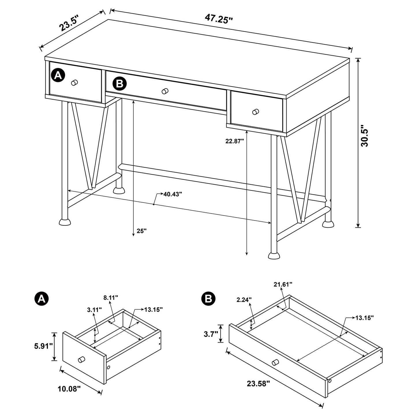 Analiese 47-inch 3-drawer Writing Desk Mango