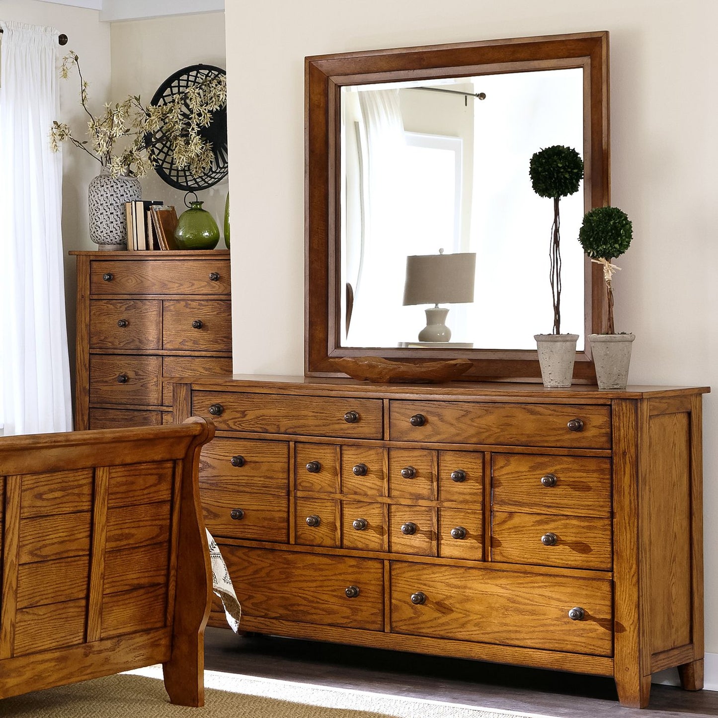 King Sleigh Bed, Dresser & Mirror, Chest