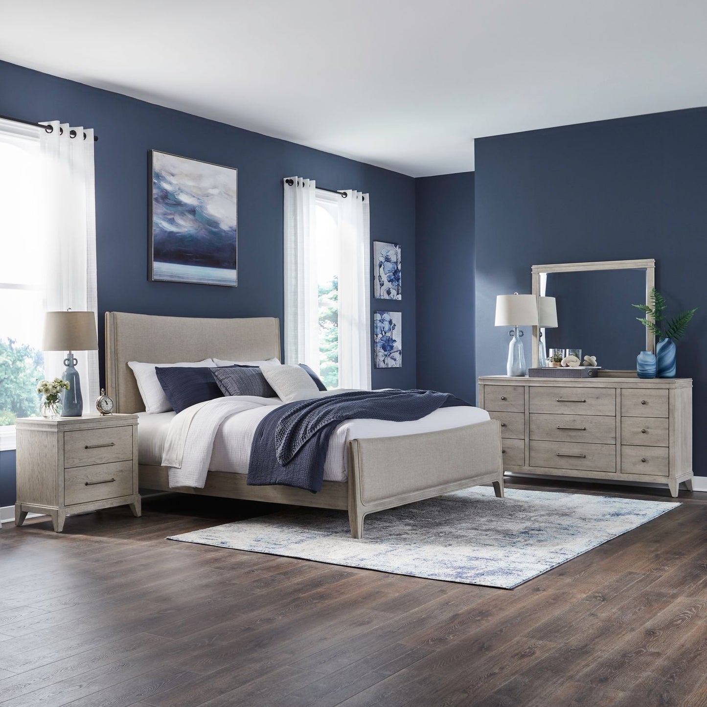 King California Uph Bed, Dresser & Mirror, Night Stand