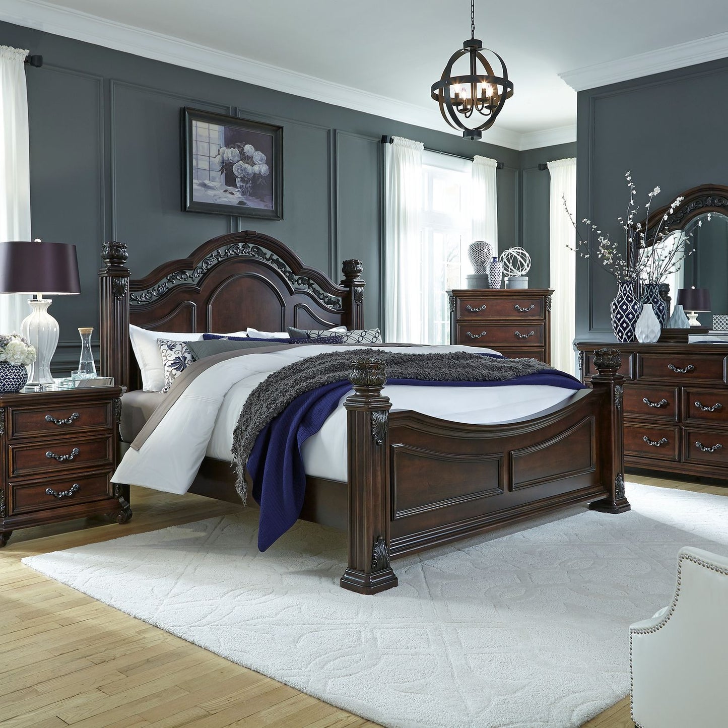 King Poster Bed, Dresser & Mirror, Chest, Night Stand