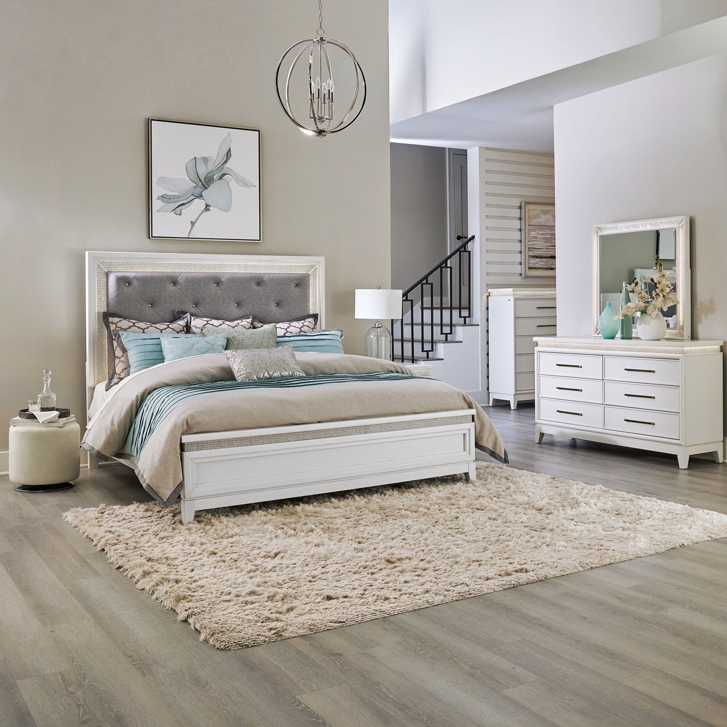 King California Uph Bed, Dresser & Mirror, Chest