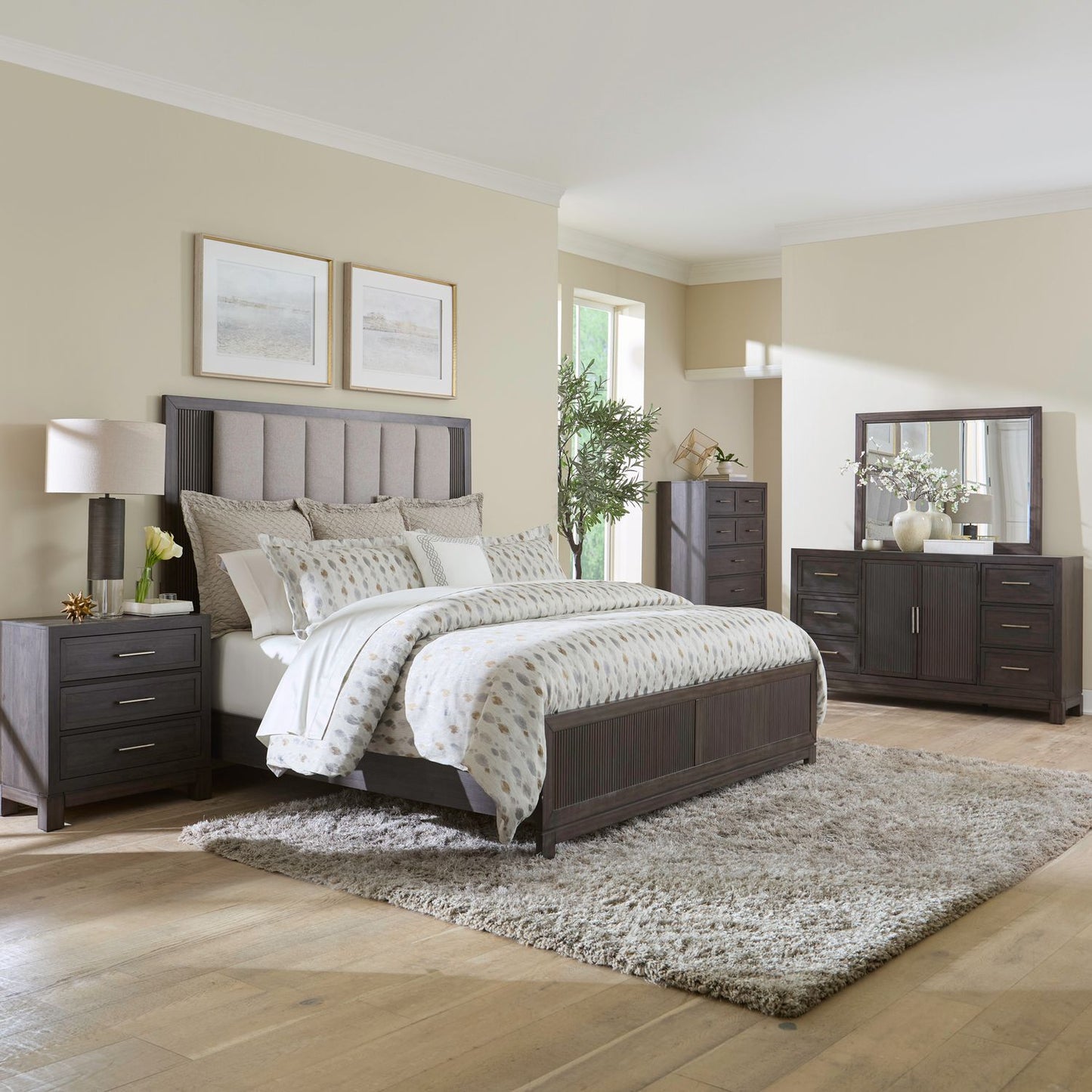 King Uph Bed, Dresser & Mirror, Chest, Night Stand