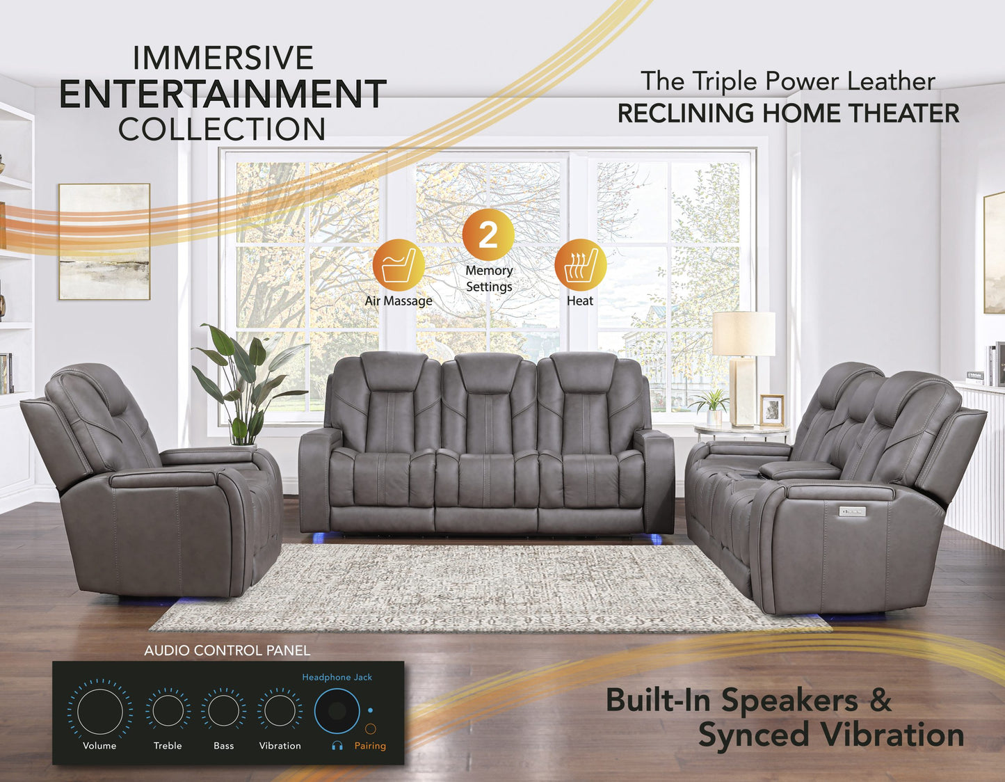 Daniel Triple Power Home Theater Immersive Entertainment Reclining Set, Leather

87″ Sofa, Drop-Down Console
75″ Console Loveseat
Recliner
